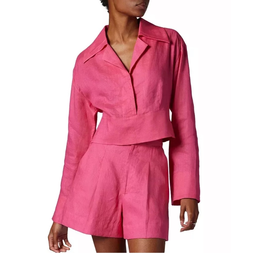 EQUIPMENT Women's Beatrix Linen Collared Pullover Top Blouse Pink Cropped XS